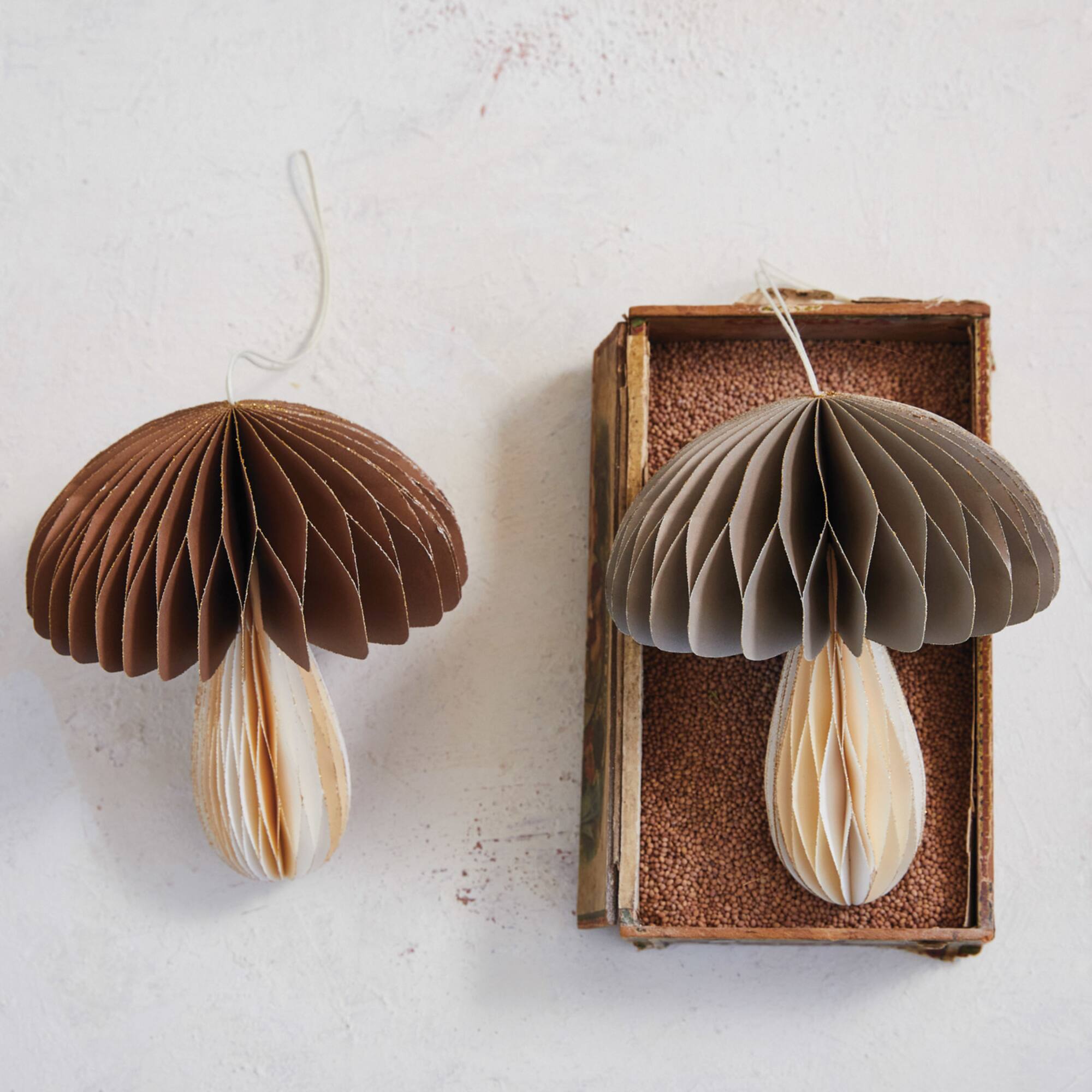 Hello Honey® Brown Paper Mushroom Folding Honeycomb Ornament Set with Gold Glitter Edge